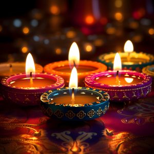 Close up image of traditional diwali candles, painted and decorated