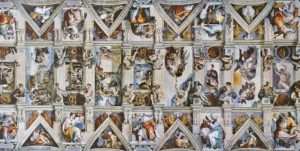 Taket i Det sixtinske kapell malt i 1508 12. Av Michelangelo. Falt i det fri Public domain