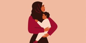 Illustrasjon av en mamma som holder et barn