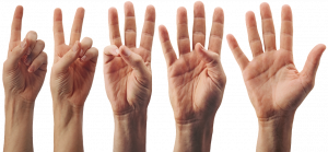 Bilde av fem hender hvor hånd viser en, to, tre, fire og fem fingre