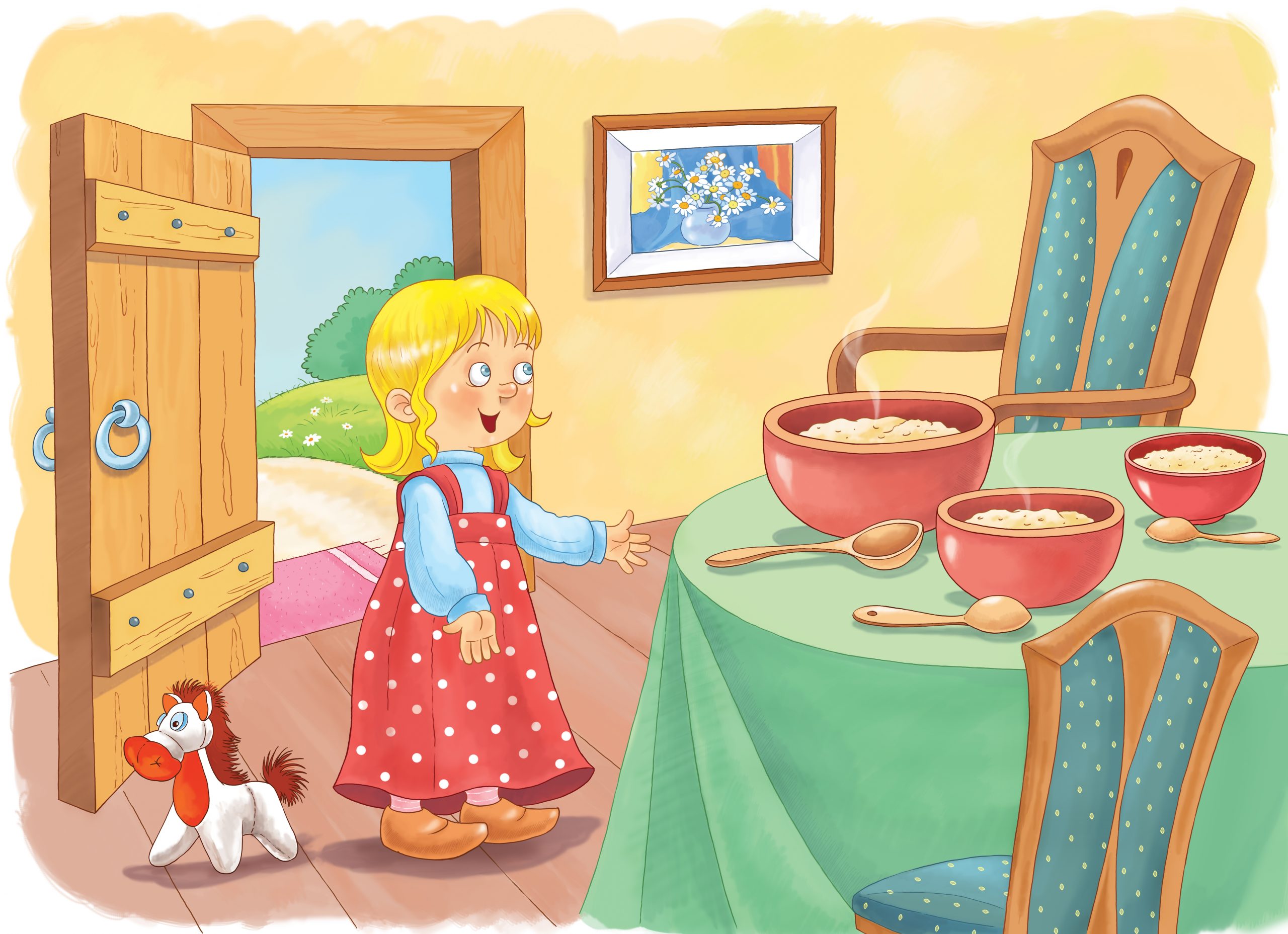 illustrasjon av gullhår som står på kjøkkenet med tre grøtboller