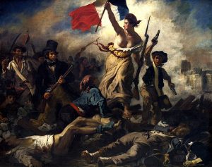 Romantic history painting. Commemorates the French Revolution of 1830 July Revolution on 28 July 1830. Lisens falt i det fri
