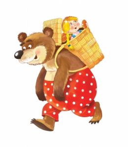 illustrasjon av en bjørn som bærer en jente oppi en sekk