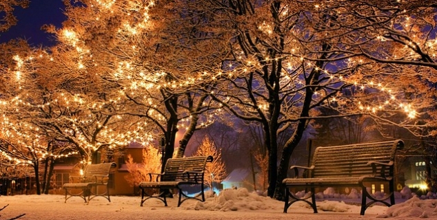 Et foto av tre benker en vinterkveld, opplyst med julelys