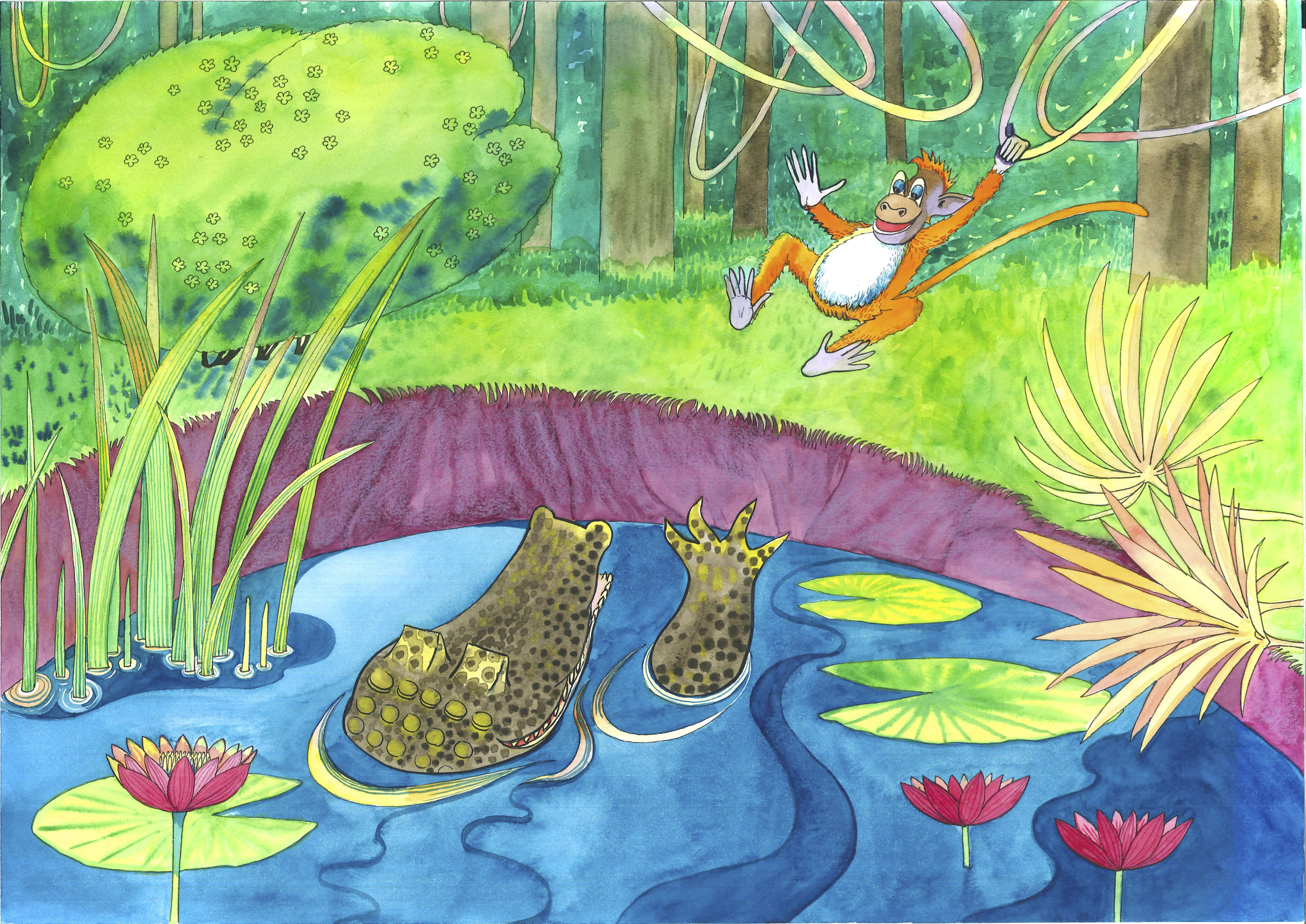 Illustrasjon av en ape som sitter i et tre og en krokodille som svømmer i vannet