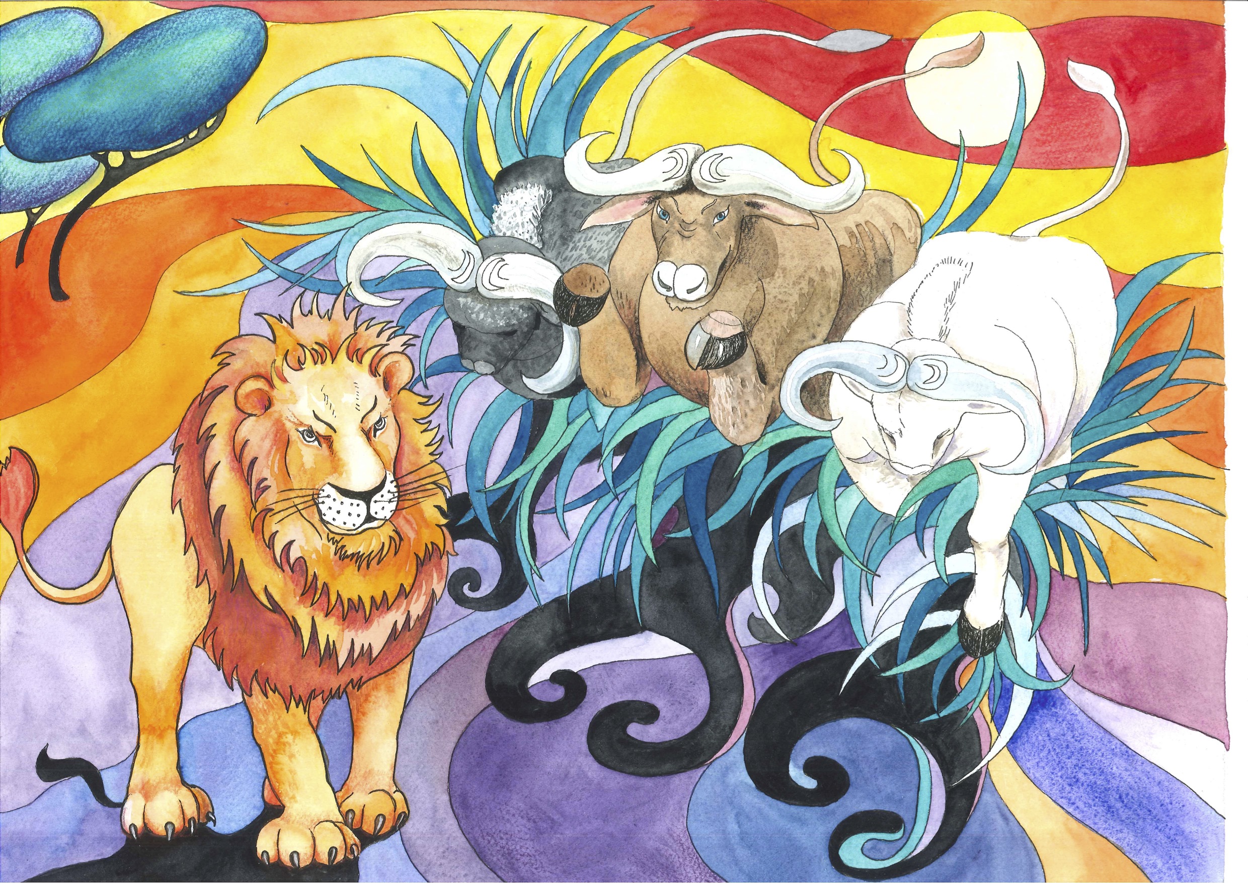Illustrasjon av tre okser og en løve
