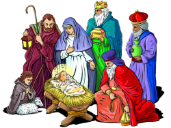 Illustrasjonen viser at fire vise menn som besøker Jesusbarnet. De mennene gir gaver til Jesus som ligger i krybba.