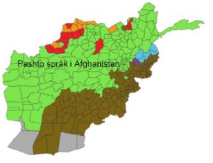 Afghanistan kart med forskjellige farger som viser språkene i Afghanistan.