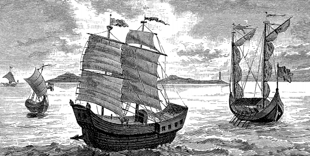 Illustrasjon i svart-hvitt. Flere skip på havet.