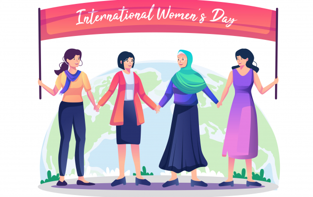 Illustrasjon av 4 kvinner som holder et banner i forbindelse med den internasjonale kvinnedagen 8. mars