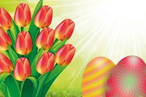 illustrasjon av tulipaner og påskeegg