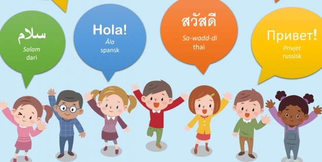tegning av mange barn med snakkebobler med hei på flere språk