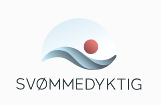 Logo, noe blptt og noe rødt symboliserer en bølge, vann og en ball. Teksten svømmedyktig står under illustrasjonen