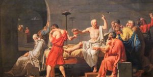 Et maleri som viser sorates med mange menn rundt seg i det hart drikker av giftbegeret