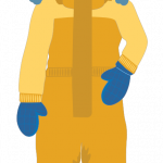 illustrasjoon som viser jente i en gul vinter dress med blå lue og blåe votter. Hun har også på brune vintersko