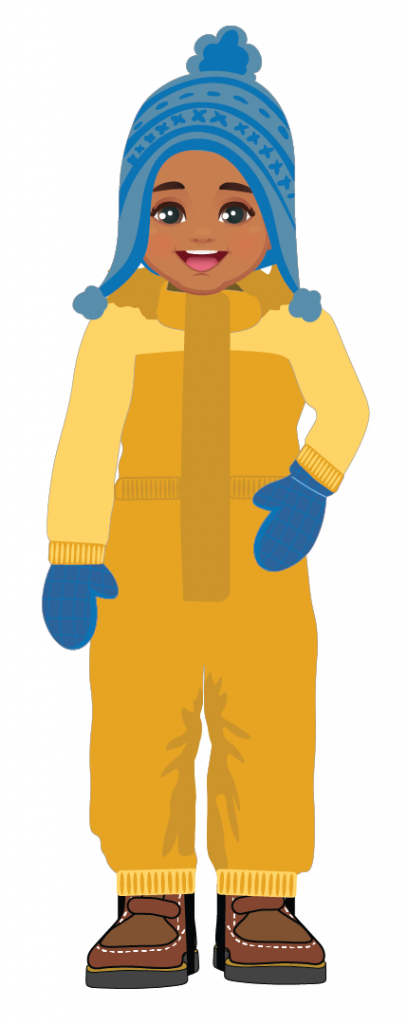 illustrasjoon som viser jente i en gul vinter dress med blå lue og blåe votter. Hun har også på brune vintersko