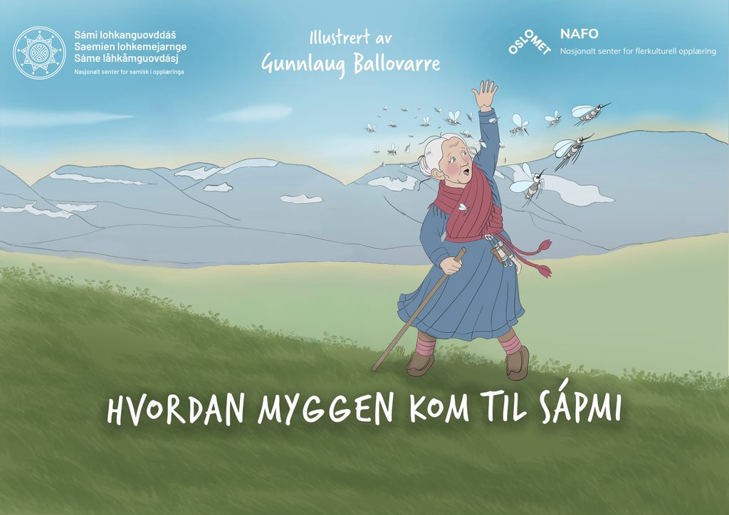 BIlde av en dame og mygg. Det står nasjonalt senter for flerkulturell opplæring og nasjonalt senter for samisk i opplæringa øverst. Det står også illustrert av Gunnlaug Ballovarre.