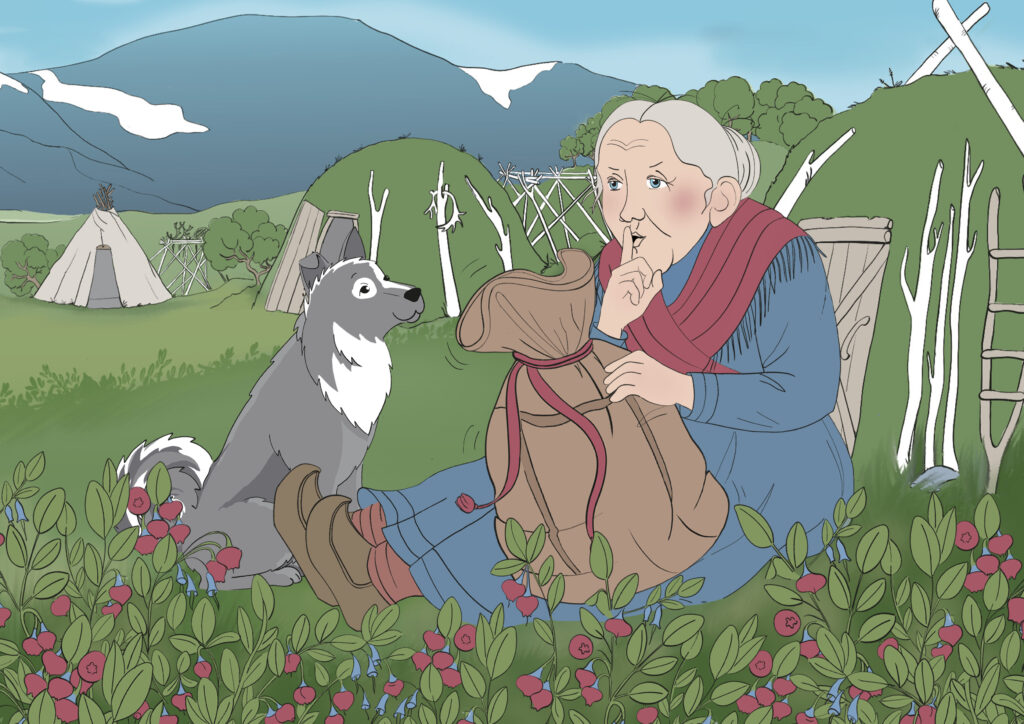 En gammel dame sitter i et nordlig landskap. Hun holder en sekk i hånden og hysjer på den.