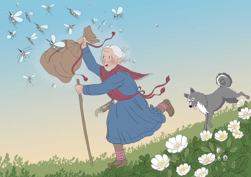 Damen løper etter mygg som flyr. Hun holder sekken i hånden. 