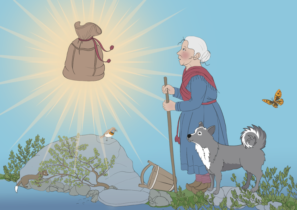 En gammel dame ser opp mot himmelen. På himmelen er en sekk. 
