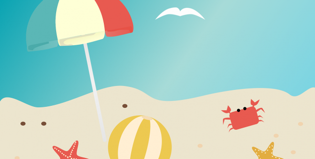 Tegning av sand, parasoll, ball og krabber og sjøstjerne ved sjøen