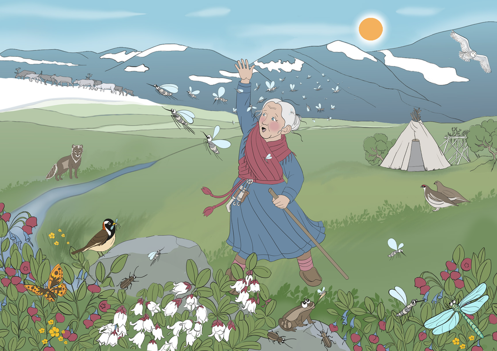 Et landskap som viser en elv, fjell, reisdyr, rev, fugl med en mygg i munnen og en gammel dame som vifter bort mygg. 