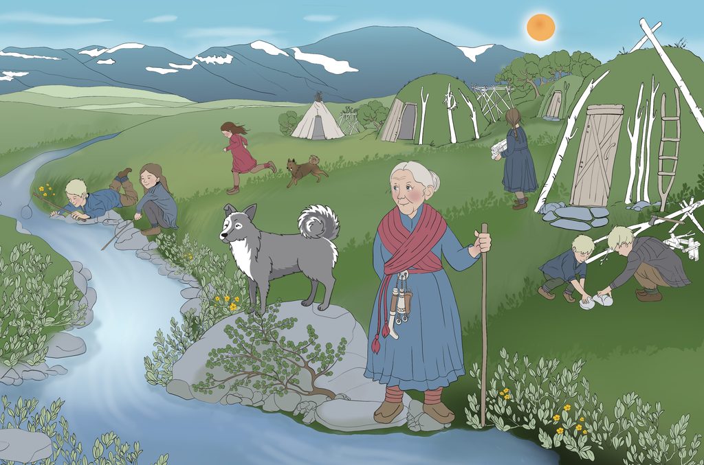 Oversiktsbilde av et lite samfunn som lever nede ved el elv. Flere folk og dyr lever der. 