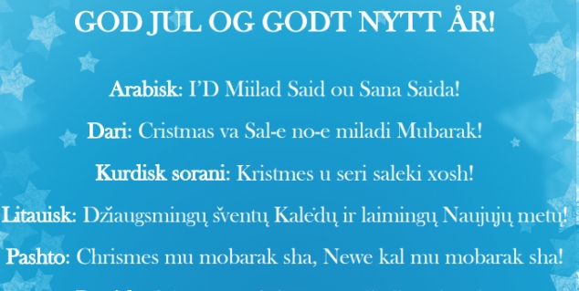Bilde illustrerer en plakat med god jul på flere språk