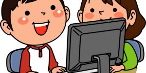 Du vaikai žiūri kompiuterio ekraną ir mokosi