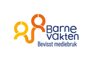 Gul og orange linje som illusterer personer, med blå skrift som sier barnevakten, bevisst mediebruk