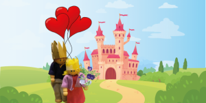 Bilde av en prinsesse og en prins som står foran et slott.