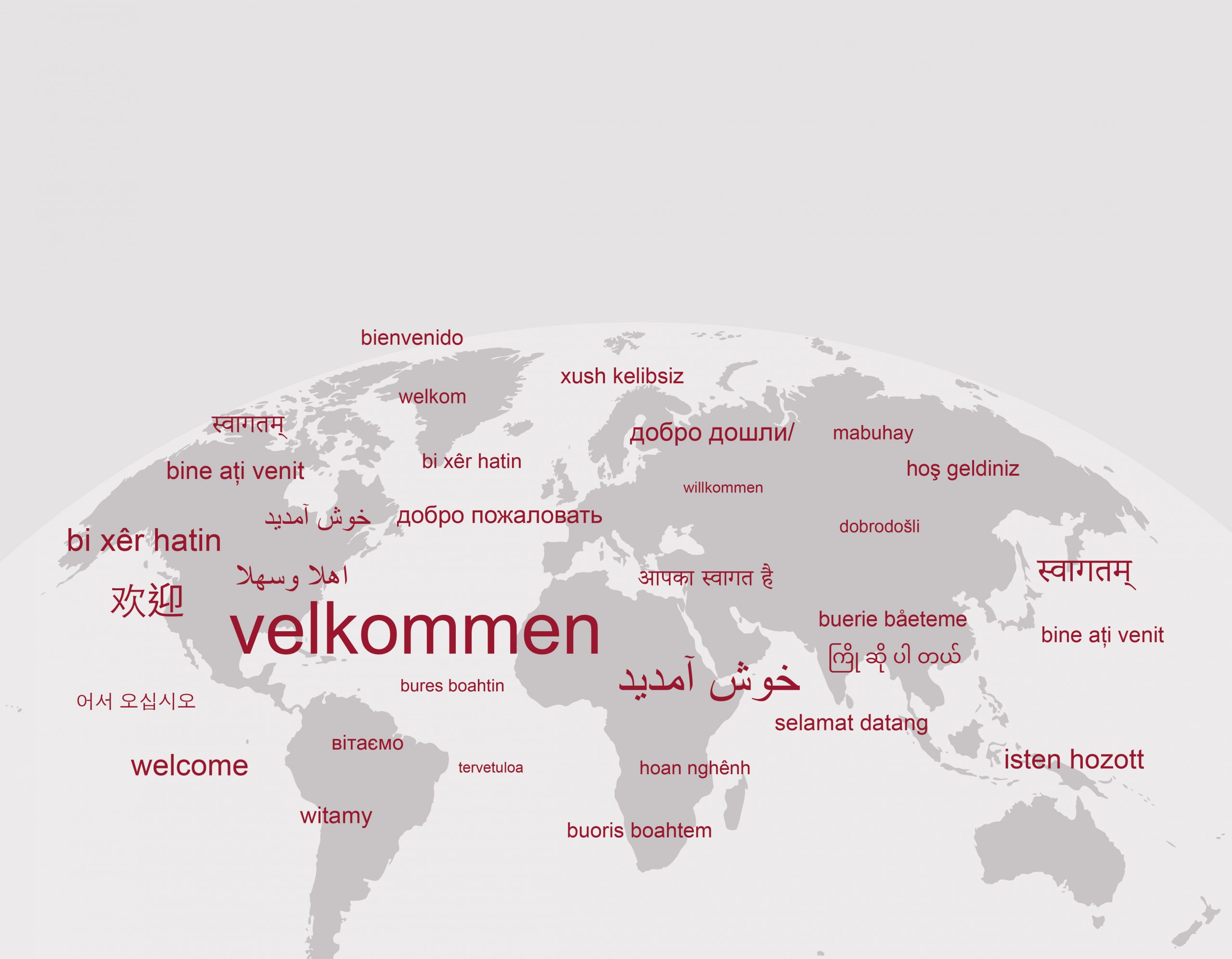 Ordet velkommen på mange språk med verdenskart