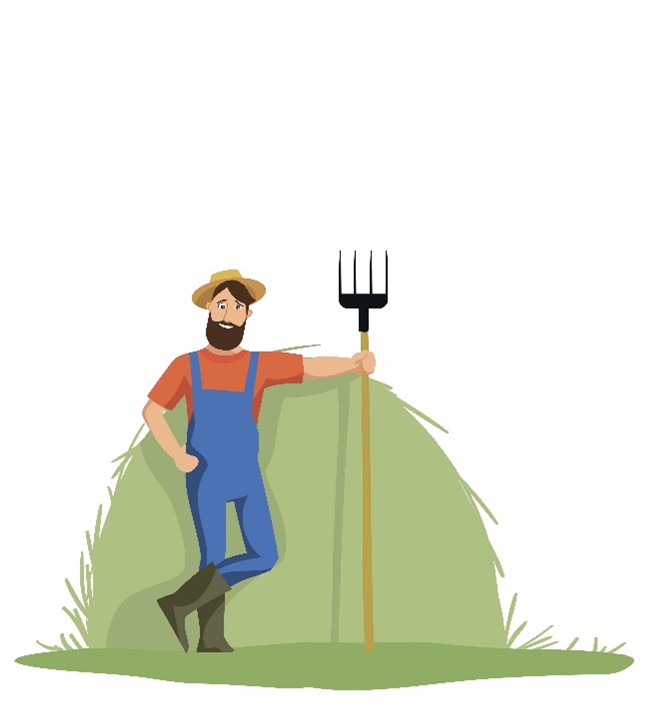 Illustrasjon av en mann foran en gresshaug med en h&oslash;ygaffel i h&aring;nden