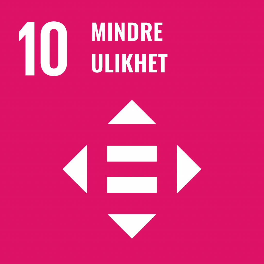 Ikon. FNs bærekraftsmål nummer 10. Tegning av en firkant med et er-lik-tegn inni.. Tekst: Mindre ulikhet