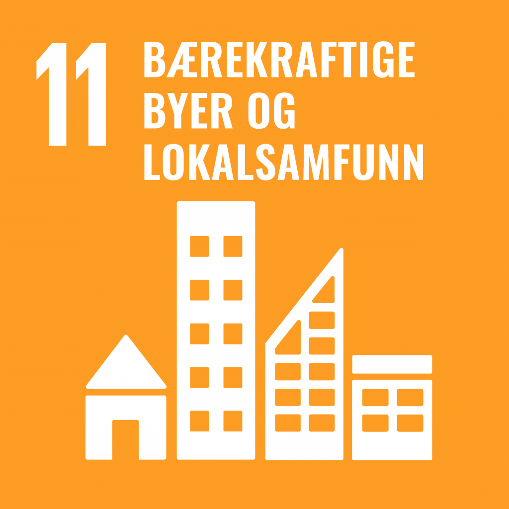 Ikon. FNs bærekraftsmål nummer 11. fire forskjellige hus eller bygninger. Tekst: Byer og lokalsamfunn