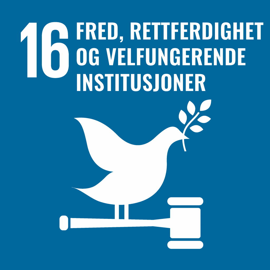 Ikon. FNs bærekraftsmål nummer 16. Tegning av en hvit due som har en kvist i nebbet og sitter på en hammer. Tekst: Fred, rettferdighet og velfungerende institusjonerog