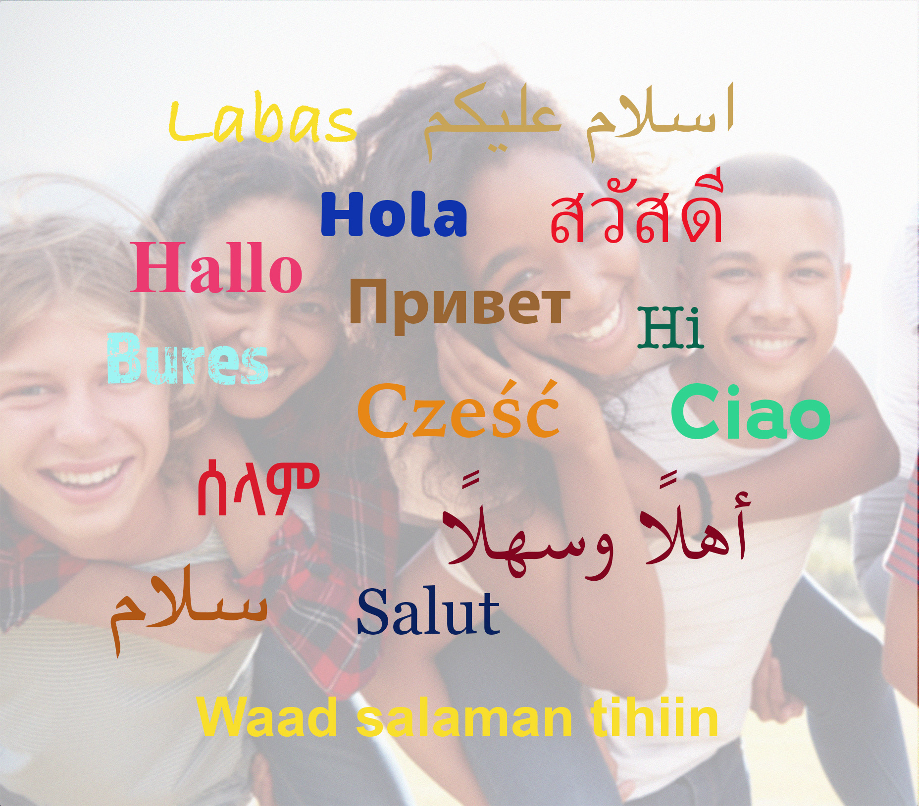 Et bilde av ungdommer som smiler, teksten HEI på flere språk står på bildet