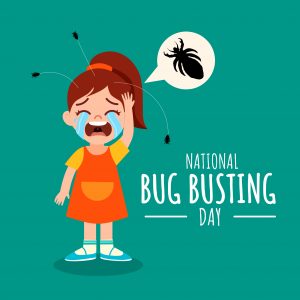 Vector illustration, little girl crying from being attacked by head lice, as a banner or poster, National Bug Busting Day.