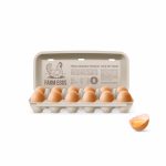 Ferske økologiske brune kyllingegg i åpen kartongpakke, eller eggbeholder isolert på hvit bakgrunn. Tolv store egg fra gården i merkevarepakke