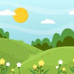 Flat naturlig grønt landskap og blomsterbakgrunn vektor design illustrasjon