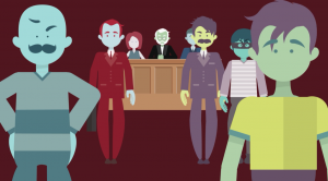 Illustrasjon av lagmanssretten med aktor, forsvarer, tiltalte, dommere og vitner