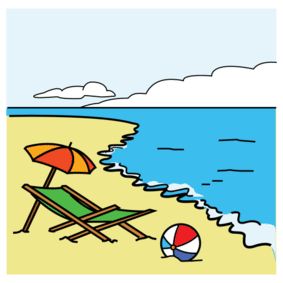 illustrasjon av en strand med en ball, en solstol og en parasoll ved havet
