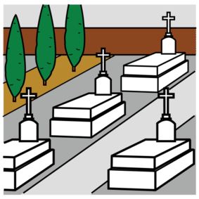 illustrasjon av en kirkegård med fire graver