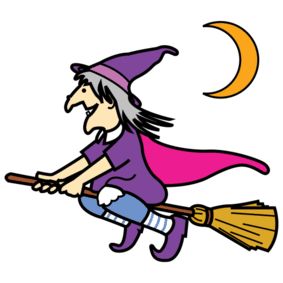 illustrasjon av en heks som flyr på et kosteskaft