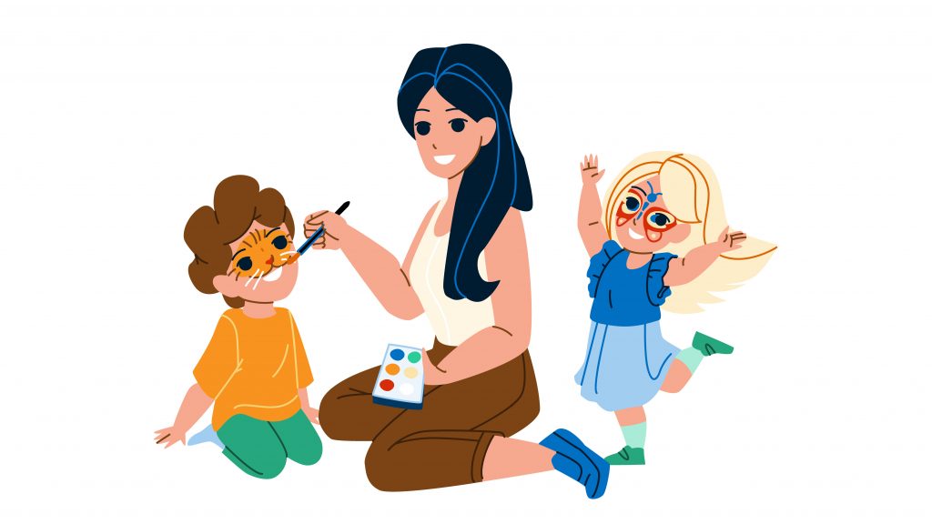 illustrasjon av en dame som maler et barn i ansiktet. et annet barn står ved siden av og har ansiktsmaling i ansiktet. 