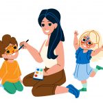 illustrasjon av en dame som maler et barn i ansiktet. et annet barn står ved siden av og har ansiktsmaling i ansiktet.