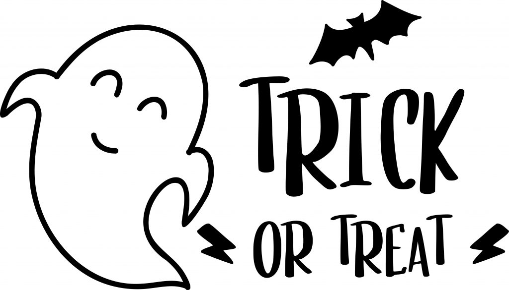 illustrasjon som viser utsagnet "trick or treat" som betyr "knask og knep" på norsk. Det er et spøkelse ved siden av utsagnet. 
