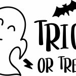 illustrasjon som viser utsagnet "trick or treat" som betyr "knask og knep" på norsk. Det er et spøkelse ved siden av utsagnet.