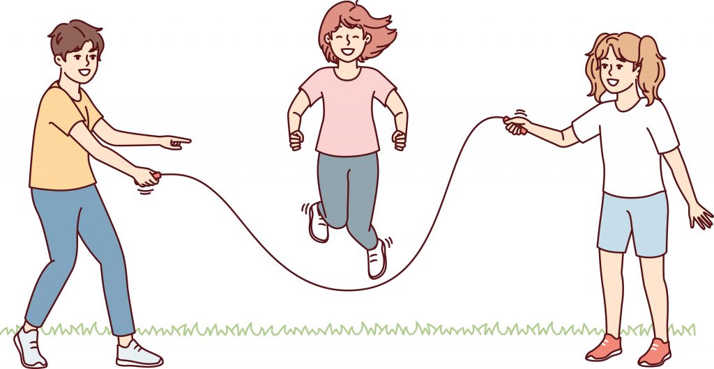 illustrasjon av tre barn som hopper tak, to barn slenger tauet og ett barn hopper