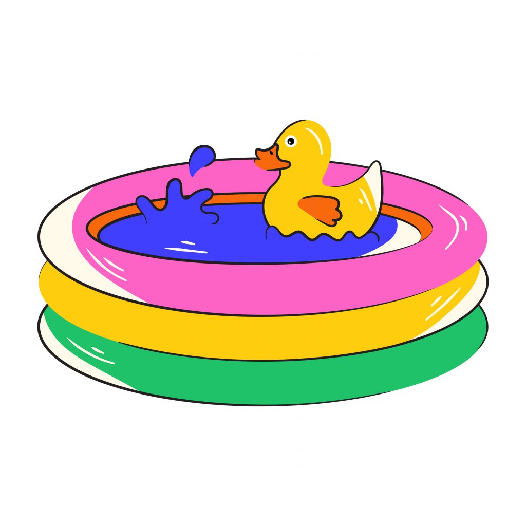 illustrasjon av et oppblåsbart badebasseng med vann og en badeand